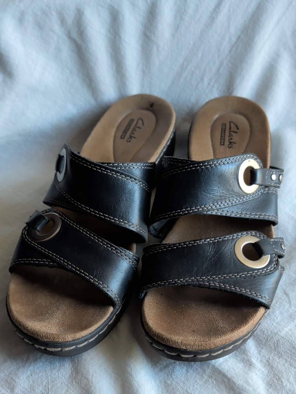 Clarks Navy Leather Double-Strap Slide Sandals with Grommet Accents